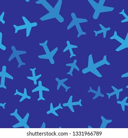 Blue Plane icon isolated seamless pattern on blue background. Flying airplane icon. Airliner sign. Vector Illustration