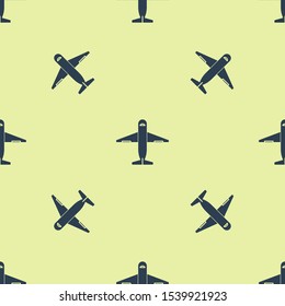 Blue Plane icon isolated seamless pattern on yellow background. Delivery, transportation. Cargo delivery by air. Airplane with parcels, boxes.  Vector Illustration