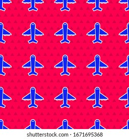 Icono de Plano Azul aislado sin fisuras en fondo rojo. Icono de avión volador. Signo del avión.  Ilustración vectorial