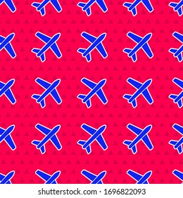 Blue Plane icon isolated seamless pattern on red background. Flying airplane icon. Airliner sign.  Vector Illustration