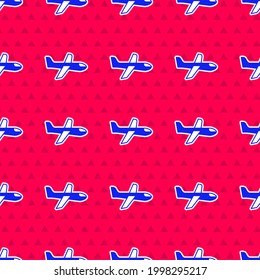 Blue Plane icon isolated seamless pattern on red background. Flying airplane icon. Airliner sign.  Vector