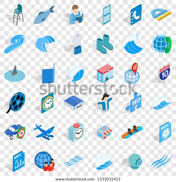Blue plane icons set. Isometric style\
of 36 blue plane vector icons for web for any\
design