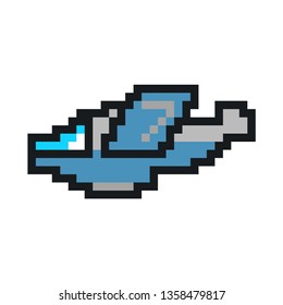 blue plane number seven. pixel art vector illustration isolated on white background. cartoon game airplane