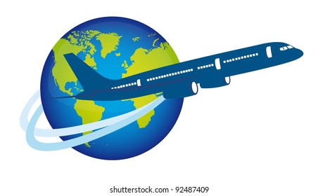 blue plane over planet isolated over white background. vector