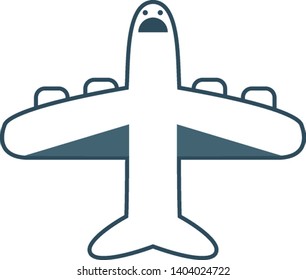 the blue plane the powered flying vehicle with fixed wing has a cute little face with two eyes and is yelling while at flight set isolated on white background, vector, color drawing or illustration.