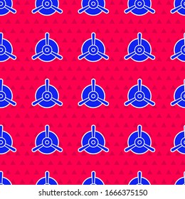 Blue Plane propeller icon isolated seamless pattern on red background. Vintage aircraft propeller.  Vector Illustration