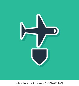 Blue Plane with shield icon isolated on green background. Flying airplane. Airliner insurance. Security, safety, protection, protect concept.  Vector Illustration