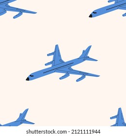 Blue plane in the  sky. Hand drawn colored Square seamless Pattern in cartoon style. Travel, flight, journey concept. Vacation aircraft, Airline transportation.Flat flying Airplane . 