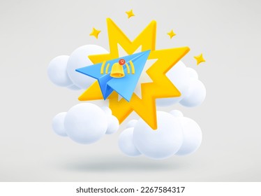 Blue plane with star flash and ringing bell. Breaking news concept. 3d vector illustration
