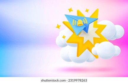 Blue plane with star flash and ringing bell. 3d vector banner with copy space