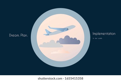 Plano azul en el cielo rosa tierno con nubes. Vista al ojo de buey. Ilustración vectorial con texto.