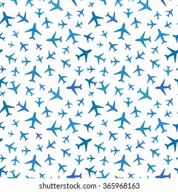 Blue planes icons on white, seamless pattern