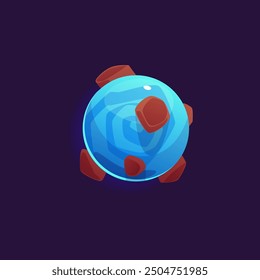 Planeta azul con rocas flotantes marrones. Ilustración vectorial de un cuerpo celeste estilizado en un estilo de dibujos animados, perfecto para un fondo de juego o proyecto de temática espacial.