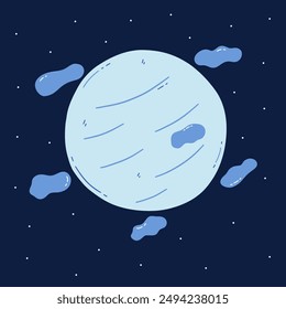 Blue planet with clouds in space and stars around in the universe. Colorful vector illustration hand drawn doodle. Outer space. Print or card, poster abstract space