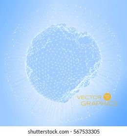 Blue planet with connection net and rays from it to dots on blue shining background. Concept vector illustration.