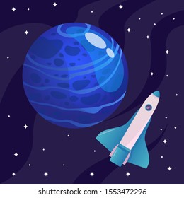 Blue planet with craters and reflection on its surface, white and blue rocket