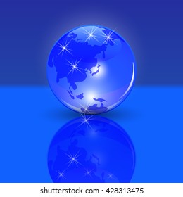 Blue planet earth. the land of the rising sun and the view. Stylized glossy ball with shadow and reflection. Vector illustration