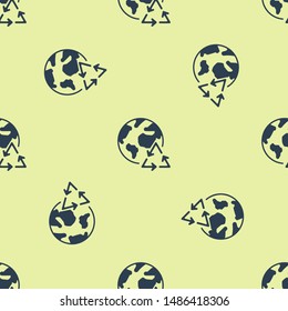 Blue Planet earth and a recycling icon isolated seamless pattern on yellow background. Environmental concept.  Vector Illustration