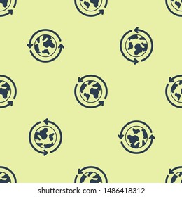 Blue Planet earth and a recycling icon isolated seamless pattern on yellow background. Environmental concept.  Vector Illustration