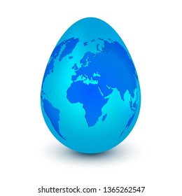 Blue planet Earth in shape of egg isolated on a white background with shadow. Concept of world easter celebration or international egg day