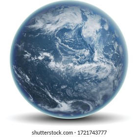 Blue planet Earth, sheltered by clouds on a white background. Highly realistic illustration.