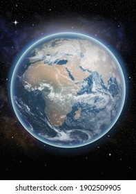 Blue planet Earth, sheltered by clouds on a dark background. Highly realistic illustration.