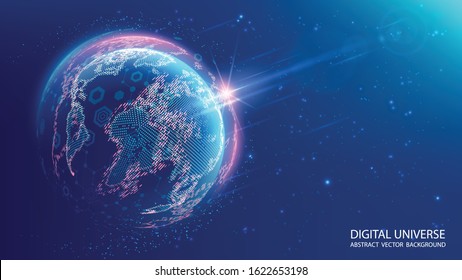 Blue planet Earth from space. Vector.  Map of the mainland. Global communications system and the World Wide Web. Technologies and communications. Globalization. Luminous sphere.