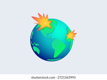 Planeta azul esfera terrestre com ícones laranja de impacto ou explosão. Representação digital de impacto global, emergência, guerra mundial ou anúncio de últimas notícias. consciência mundial do problema e temas de gerenciamento de riscos corporativos.