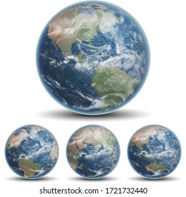 Blue planet Earth and three smaller globes on a white background. Highly realistic illustration.