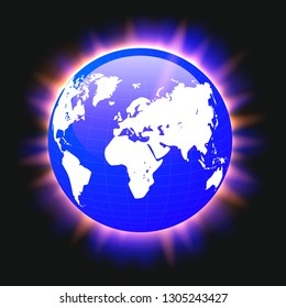 Blue planet earth and world map colorful light beams, vector, illustration, eps file
