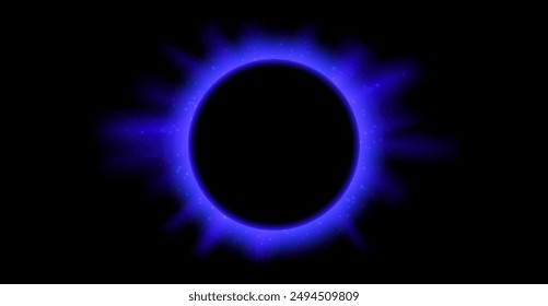 Blue planet eclipse concept. Solar light rays and glare effect. Glowing sun crown in dark space. Earth halo with blazing edge. Vector illustration design for poster, banner, cover, brochure, leaflet