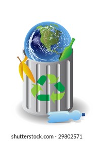 blue planet globe in garbage trash concept