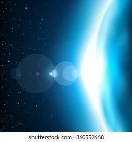 Blue planet glow light. Stars and reflections of light on background. Space theme