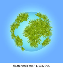 Blue planet with grass. A model of the earth on blue background. Vector illustration