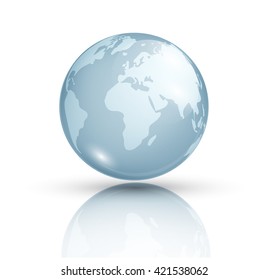 Blue planet isolated on white background. Planet Earth. Cosmic body. The terrestrial sphere. Astronomy.  Globe. Glass globe with world map. Vector background.