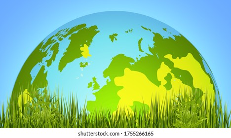 Blue planet. Model of the Earth on background of green grass. Vector illustration