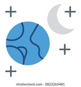A blue planet with a moon and plus signs in a space background, symbolizing growth and exploration