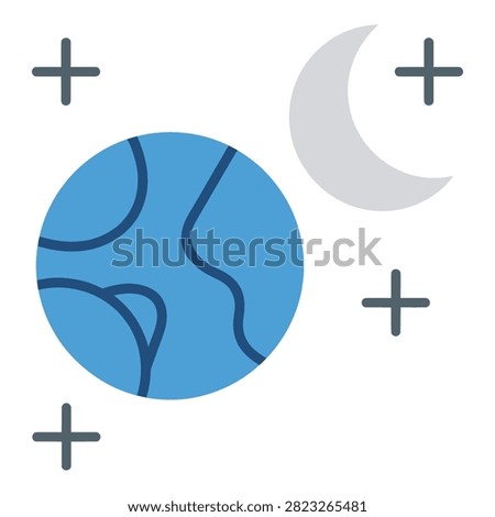 A blue planet with a moon and plus signs in a space background, symbolizing growth and exploration