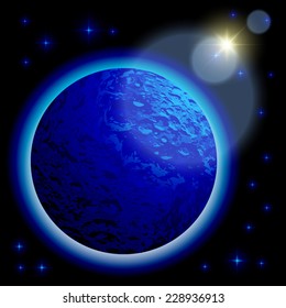 Blue planet with nebula and stars. Vector illustration