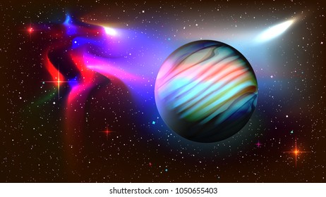 Planeta azul en el espacio exterior con muchas estrellas ciegas y galaxia nebulosa. Colorido vectorial abstracto fondo papel tapiz imagen afiche noche cielo de alta calidad fantasía rayos de sol cegado