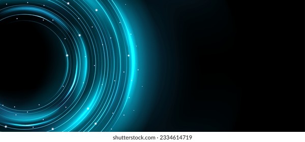 Blue planet ring neon light effect with circle line sparkle. Digital energy twirl with magic flare expansion. Space curve orbit vector illustration. Abstract galaxy element circular disk shape frame