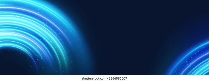 Efecto de la luz de neón del anillo del planeta azul con brillo de línea circular. Giro de energía digital con expansión de bengalas mágicas. Ilustración del vector de la órbita de la curva espacial. Resumen elemento galaxia forma de disco circular marco