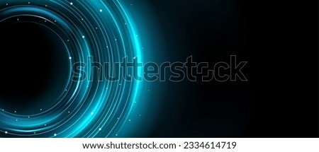 Blue planet ring neon light effect with circle line sparkle. Digital energy twirl with magic flare expansion. Space curve orbit vector illustration. Abstract galaxy element circular disk shape frame Foto stock © 