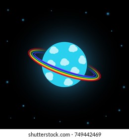 Blue planet with rings of 7 colors of the rainbow. Vector illustration on a background of starry outer space.