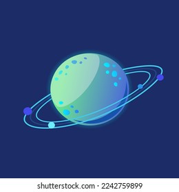 Blue planet with rings in sky or space cartoon illustration. Cartoon drawing of space object on blue background. Science, universe, astronomy, outer space concept