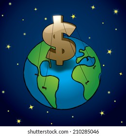A blue planet ruled by a big golden dollar sign. Money rules earth. Ai10 EPS vector illustration, with CMYK global colors.