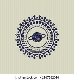 Blue planet, saturn icon inside rubber grunge texture stamp