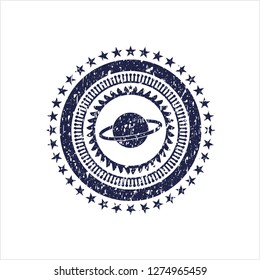 Blue planet, saturn icon inside rubber grunge texture seal