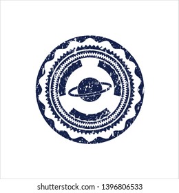 Blue planet, saturn icon inside distress rubber grunge texture seal