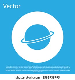 Blue Planet Saturn with planetary ring system icon isolated on blue background. White circle button. Vector Illustration